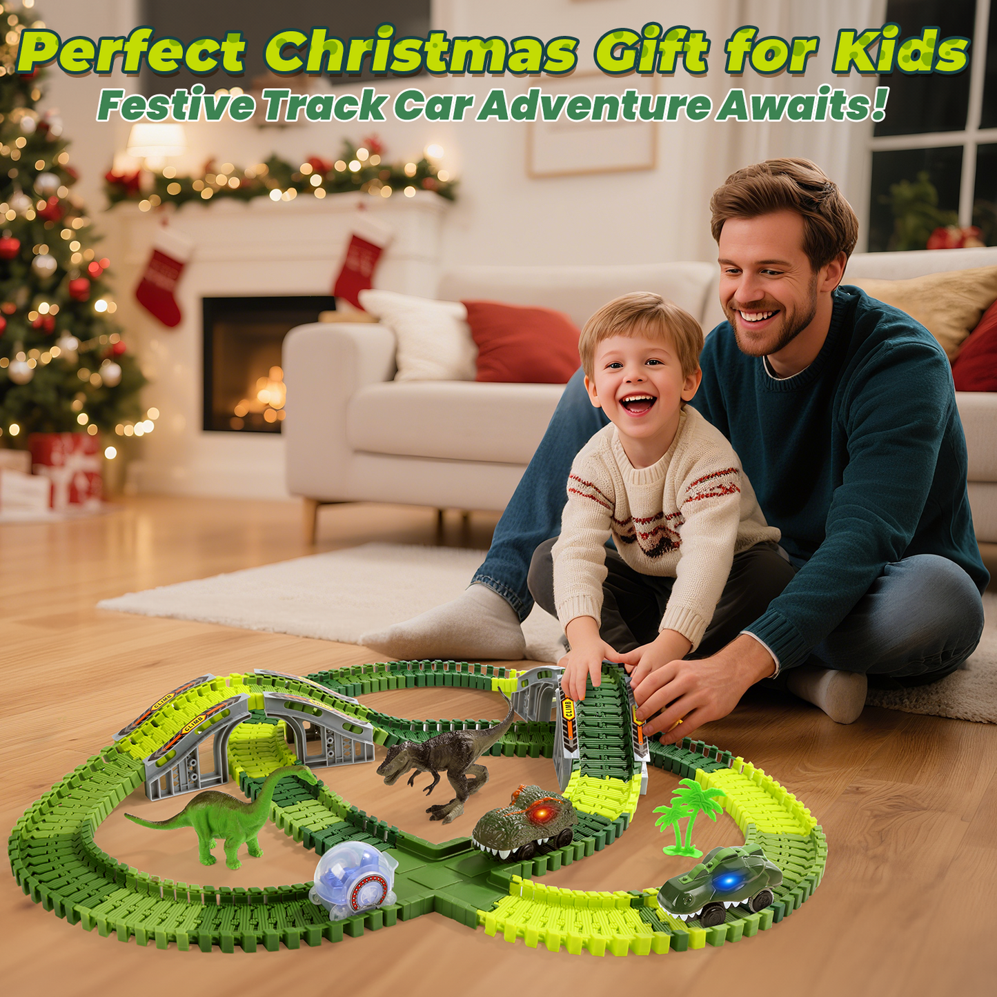 EagleStone Dinosaur Race Track Set for Kids – 233 PCS Flexible Race Tracks,2 Electric Dino Cars with Light, 2 Dino Figures,Christmas Birthday Gift to 3-8 Year Old Boys and Girls