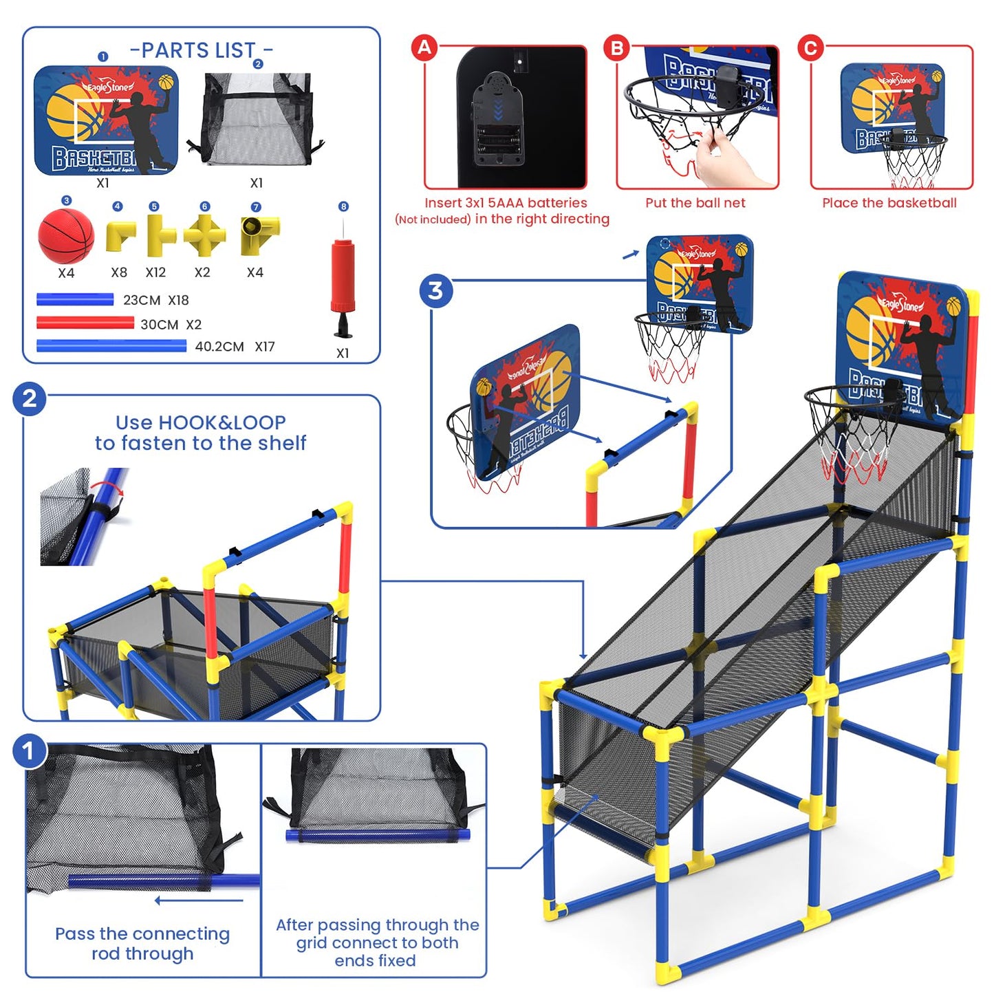 EagleStone Kids Basketball Hoop Arcade Game,4 Balls Indoor and Outodor