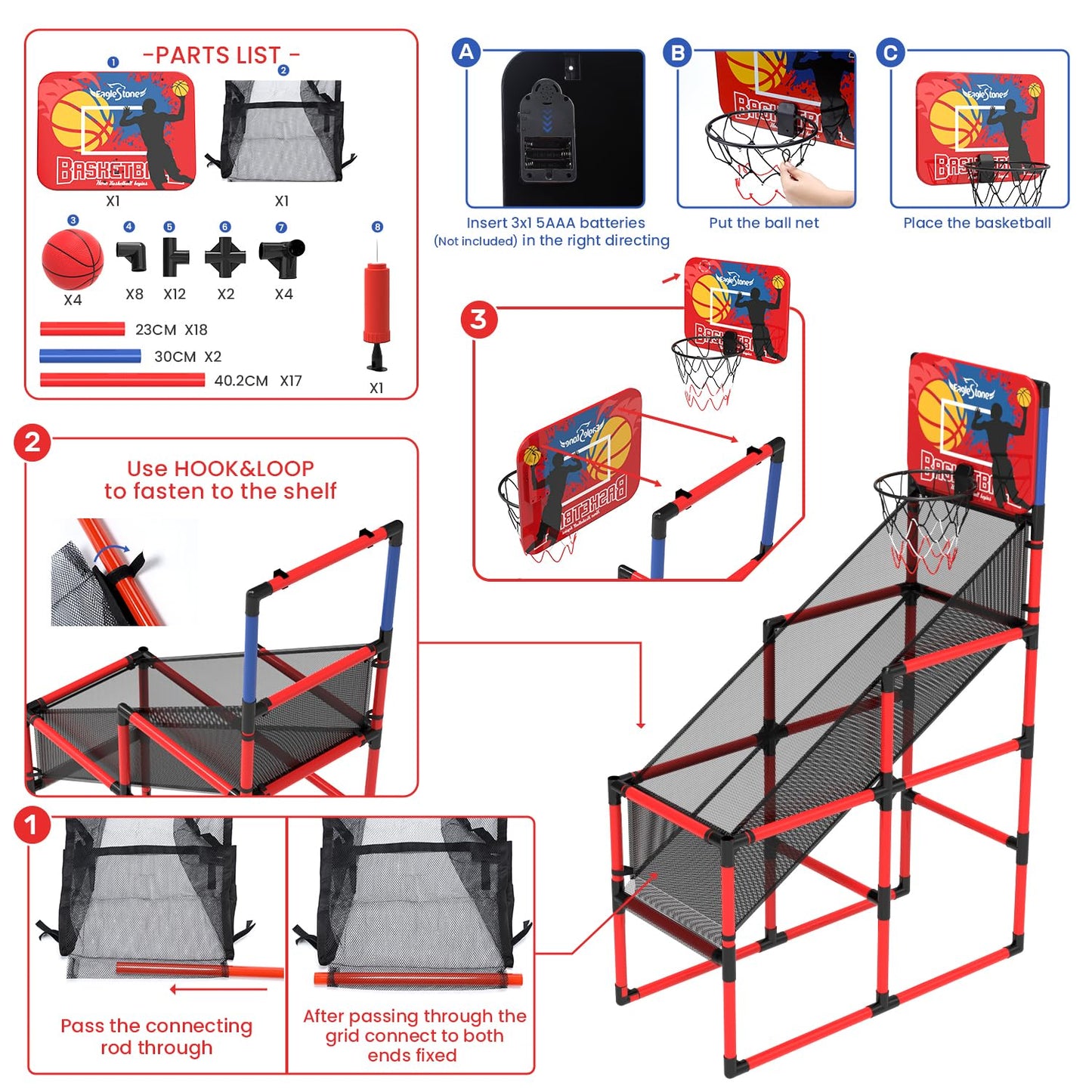 EagleStone Kids Basketball Hoop Arcade Game W/Electronic Scoreboard Cheer Sound