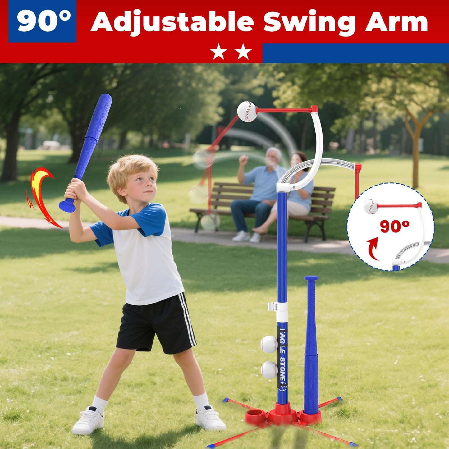 EagleStone 3-in-1 Toddler T Ball Set for Kids 3-5 5-8, 2 Baseball Bats, Adjustable Height Hanging Tee, Tball Batting Stand, Ball Launcher, Outdoor/Indoor Baseball Toys,Backyard Sports Gift