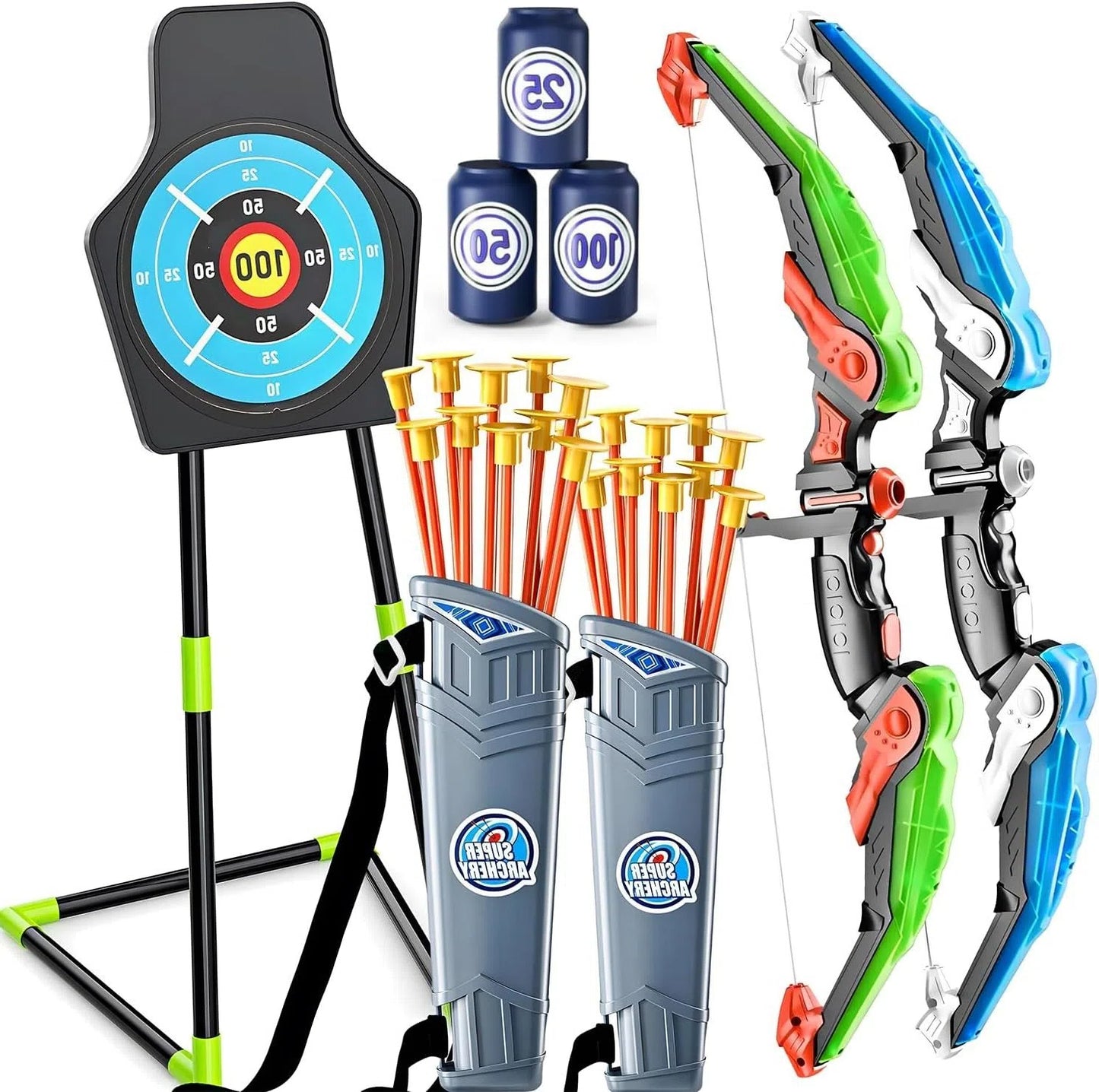 EagleStone 2 Pack Kids Bow and Arrow with LED Light,Archery Set with Standing Target, Bow and Arrow Toys for Kids 4-6 6-8 8-12,Outdoor Games Toys for Boys Girls