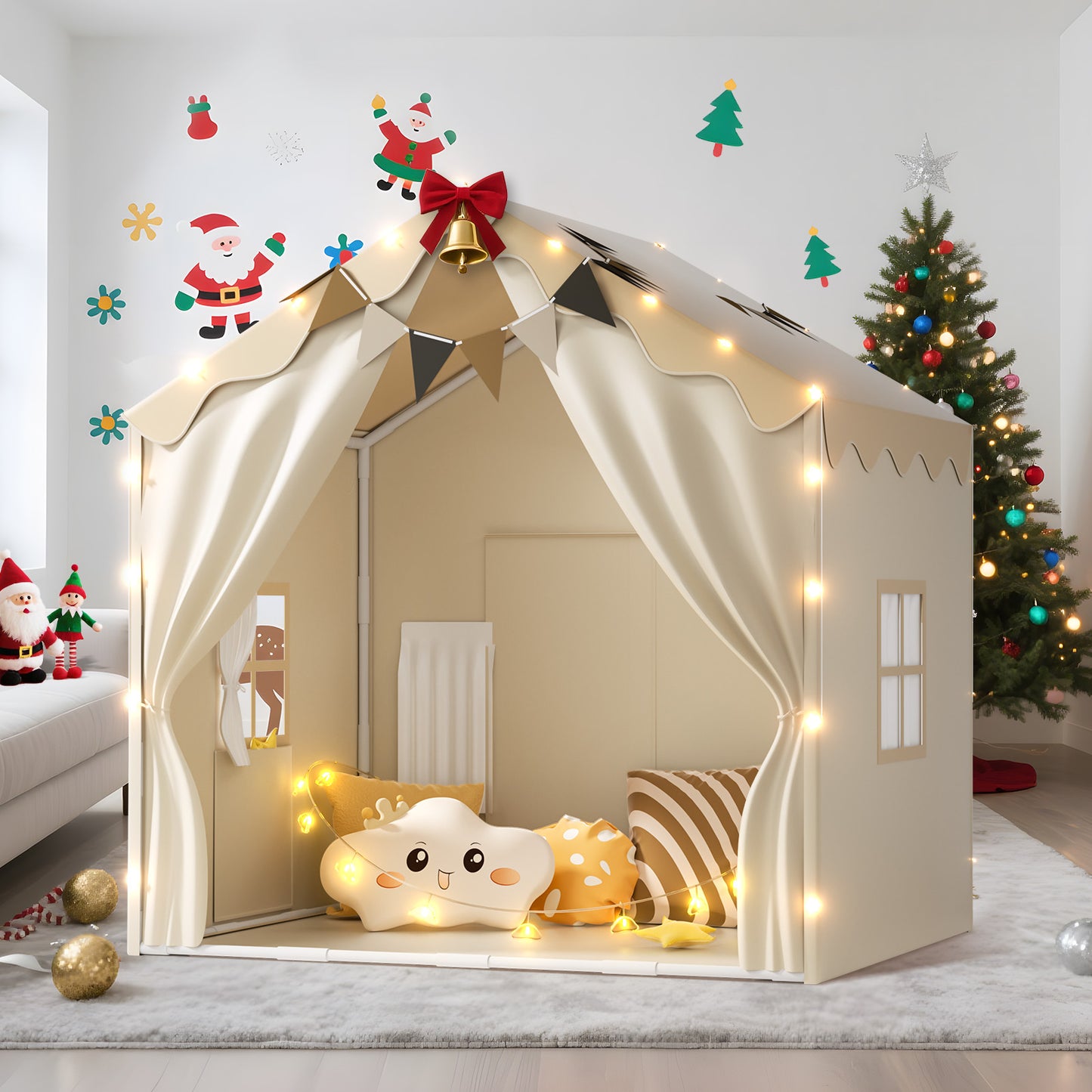 EagleStone 2-in-1 Kids Tent,Large Play Tent with Padded Mat and Lights,Kids Playhouse with 2 Doors & 4 Windows,2 Large Side Pockets,Indoor Outdoor Kid Play Tent for Toddlers,53" x40" x 51