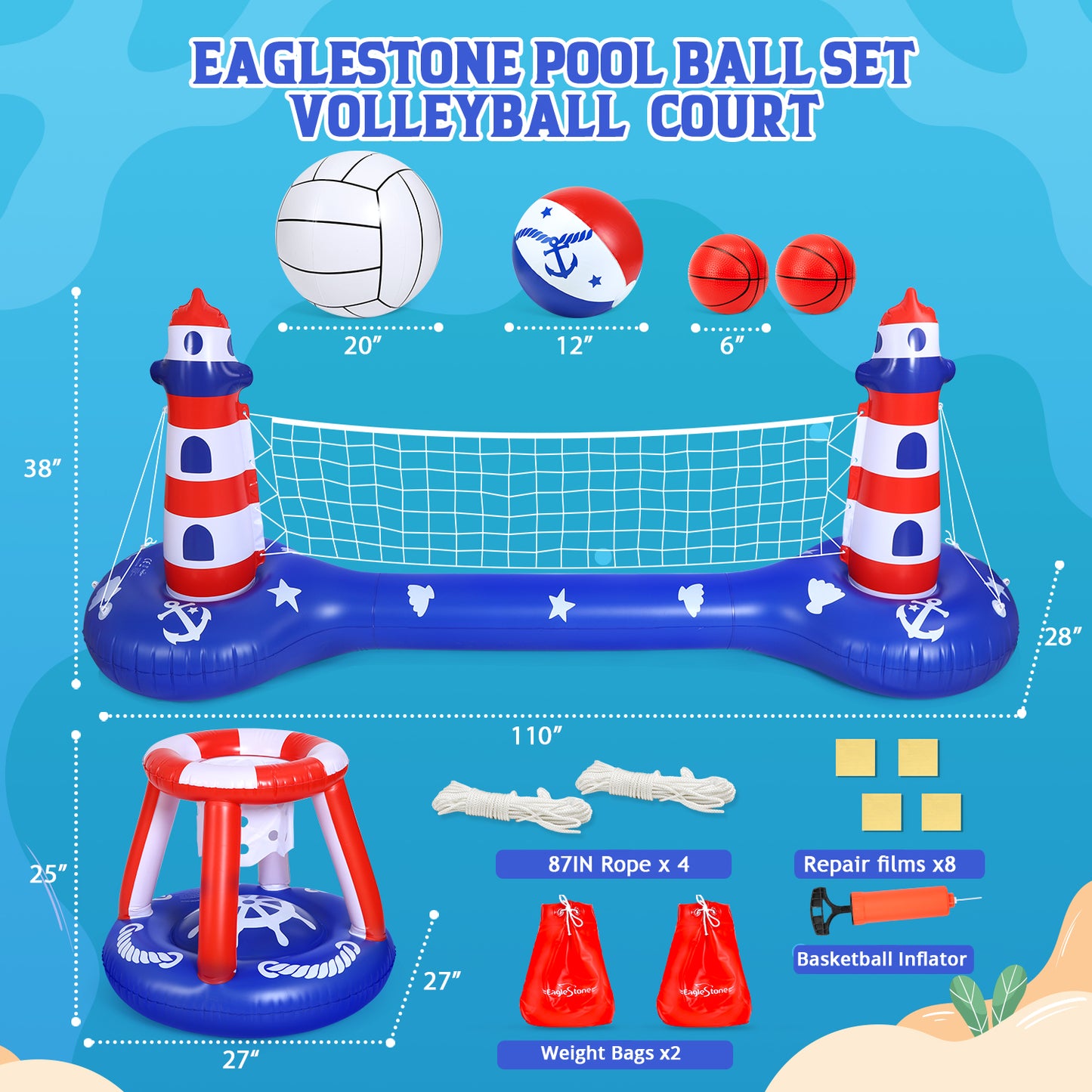 EagleStone Pool Volleyball Net & Basketball Hoop