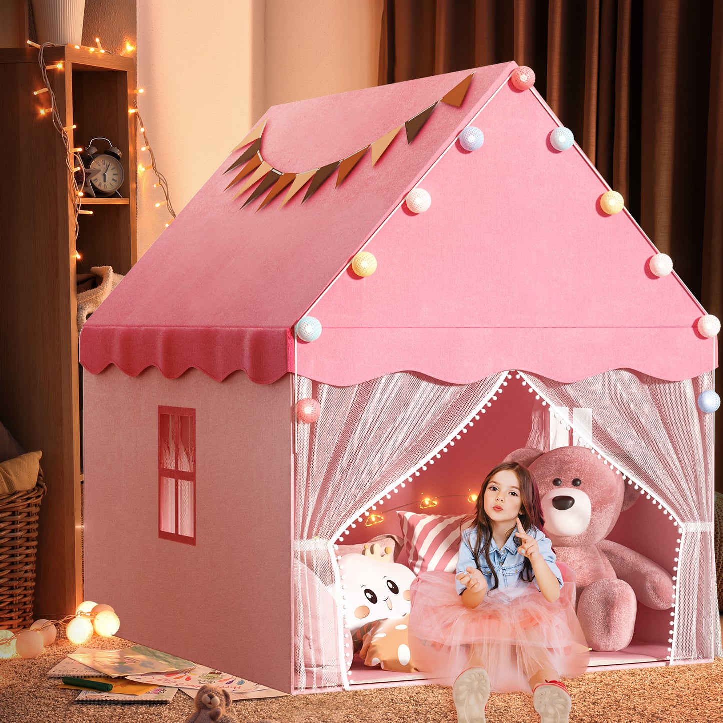 EagleStone Large Kids Play Tent with Star Light, Padded Mat,Toddler Tent Indoor,Playhouse for Toddlers, Boys, Girls, Indoor Bed Tent Gift Toy