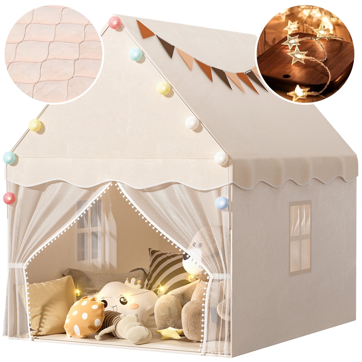 EagleStone Kids Play Tent with Star Light and Padded Mat, Playhouse for Kids, Neutral Color Play Room Furniture, Indoor Bed Tent Gift Toys for Toddle 3,4,5,6-Year-Old Girls,Boys, Girls,