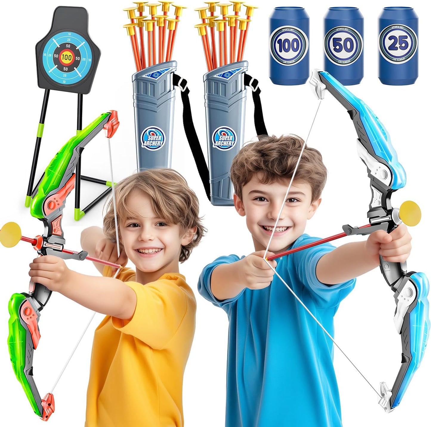 EagleStone 2 Pack Kids Bow and Arrow with LED Light,Archery Set with Standing Target, Bow and Arrow Toys for Kids 4-6 6-8 8-12,Outdoor Games Toys for Boys Girls