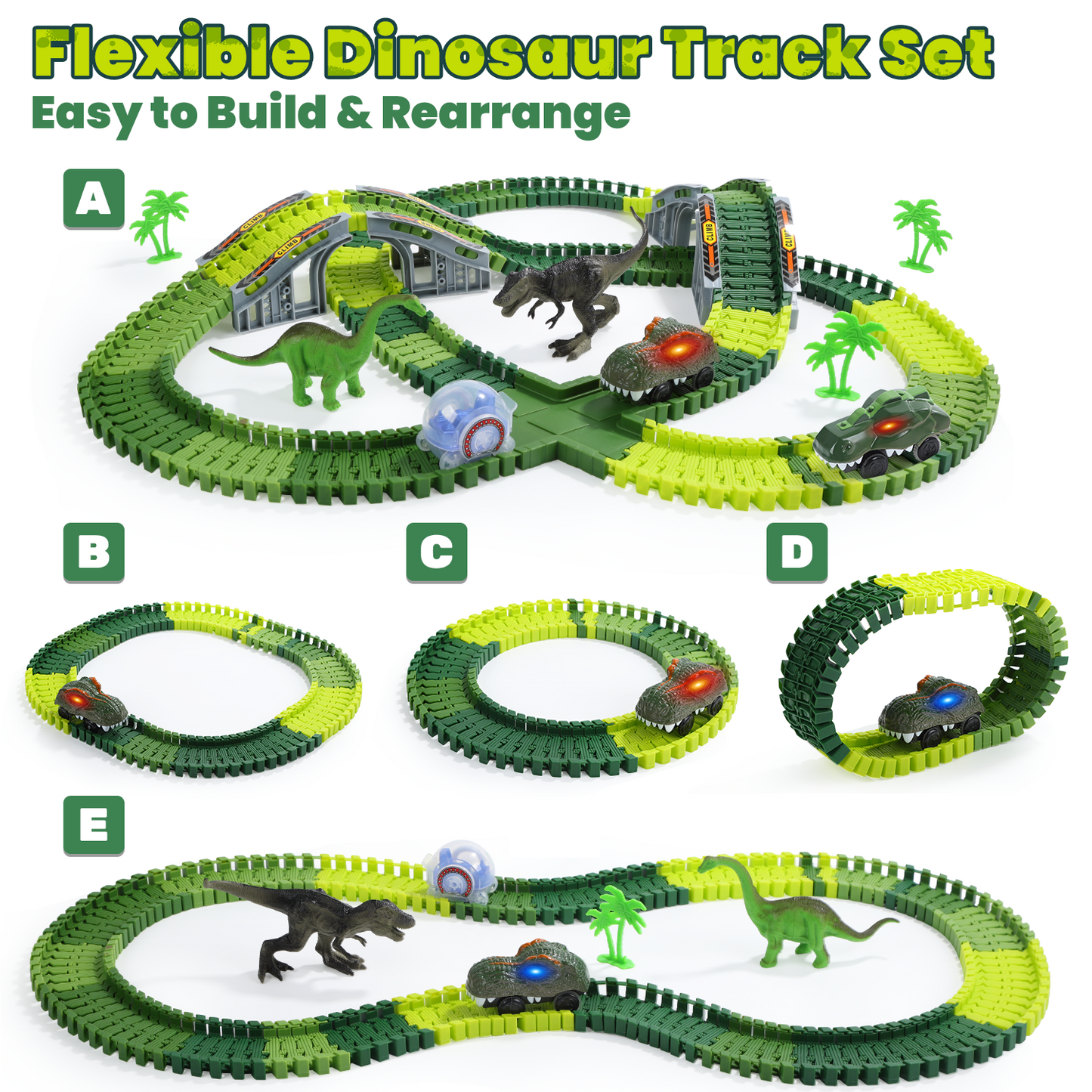 EagleStone Dinosaur Race Track Set for Kids – 233 PCS Flexible Race Tracks,2 Electric Dino Cars with Light, 2 Dino Figures,Christmas Birthday Gift to 3-8 Year Old Boys and Girls