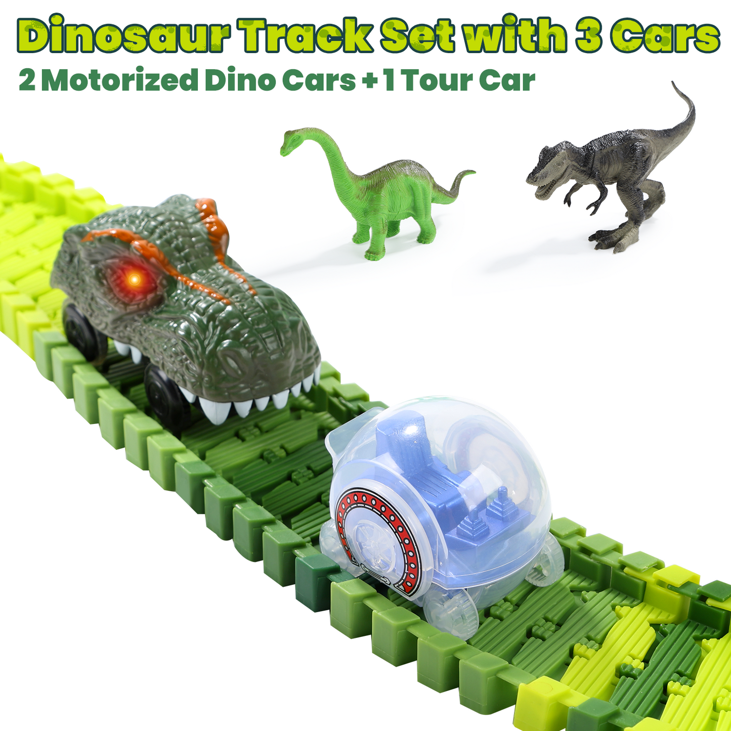 EagleStone Dinosaur Race Track Set for Kids – 233 PCS Flexible Race Tracks,2 Electric Dino Cars with Light, 2 Dino Figures,Christmas Birthday Gift to 3-8 Year Old Boys and Girls