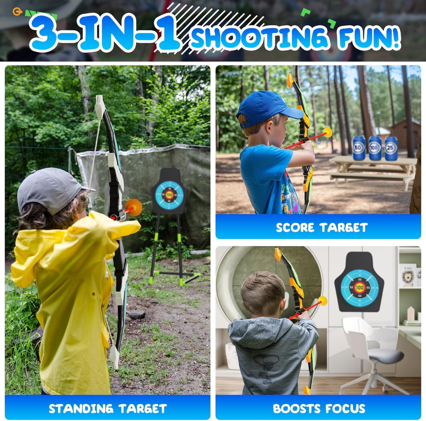 EagleStone 2 Pack Kids Bow and Arrow with LED Light,Archery Set with Standing Target, Bow and Arrow Toys for Kids 4-6 6-8 8-12,Outdoor Games Toys for Boys Girls