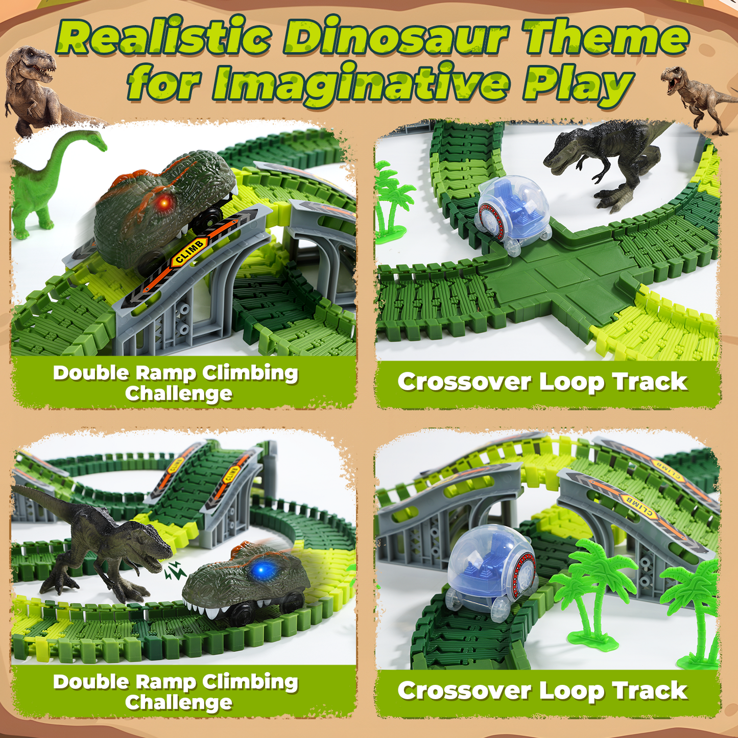 EagleStone Dinosaur Race Track Set for Kids – 233 PCS Flexible Race Tracks,2 Electric Dino Cars with Light, 2 Dino Figures,Christmas Birthday Gift to 3-8 Year Old Boys and Girls