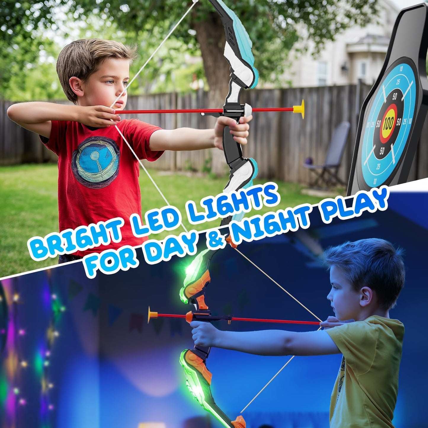 EagleStone 2 Pack Kids Bow and Arrow with LED Light,Archery Set with Standing Target, Bow and Arrow Toys for Kids 4-6 6-8 8-12,Outdoor Games Toys for Boys Girls
