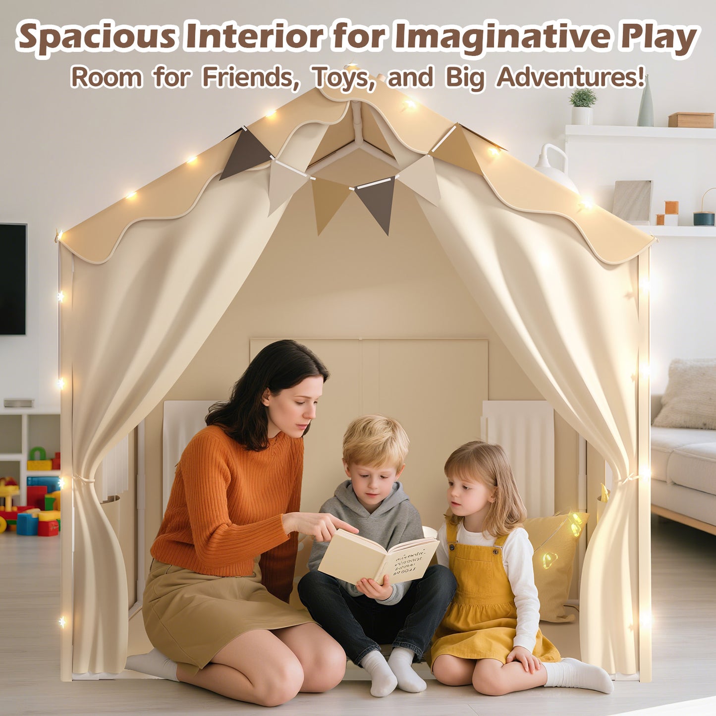 EagleStone 2-in-1 Kids Tent,Large Play Tent with Padded Mat and Lights,Kids Playhouse with 2 Doors & 4 Windows,2 Large Side Pockets,Indoor Outdoor Kid Play Tent for Toddlers,53" x40" x 51