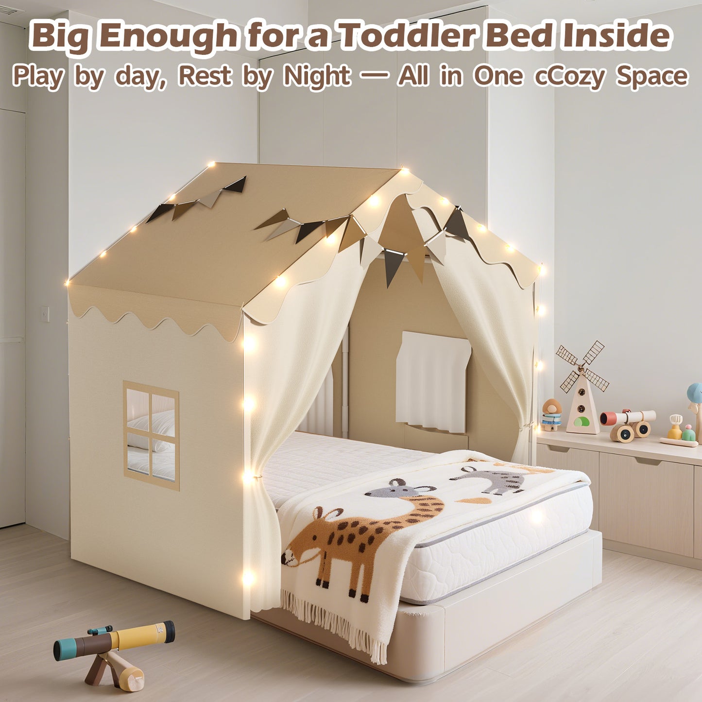 EagleStone 2-in-1 Kids Tent,Large Play Tent with Padded Mat and Lights,Kids Playhouse with 2 Doors & 4 Windows,2 Large Side Pockets,Indoor Outdoor Kid Play Tent for Toddlers,53" x40" x 51