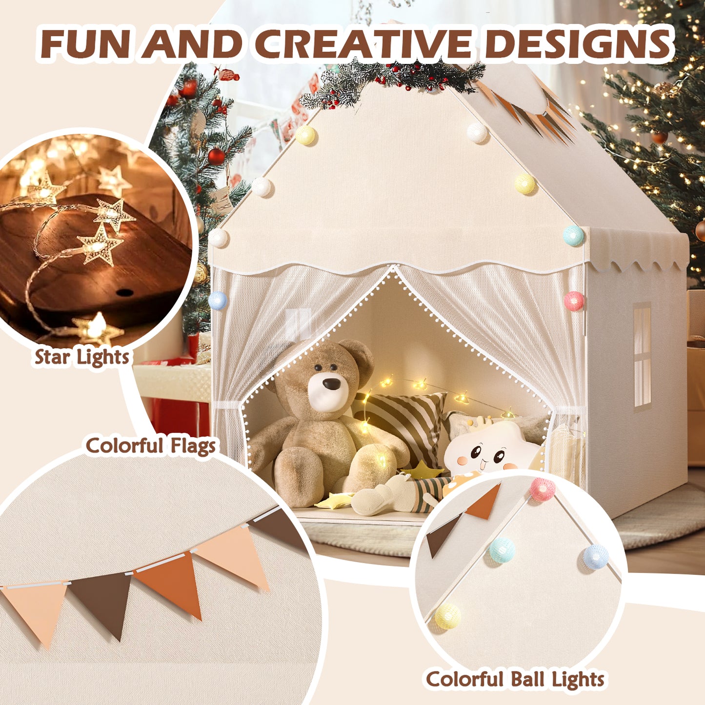 EagleStone Kids Play Tent with Star Light and Padded Mat, Playhouse for Kids, Neutral Color Play Room Furniture, Indoor Bed Tent Gift Toys for Toddle 3,4,5,6-Year-Old Girls,Boys, Girls,