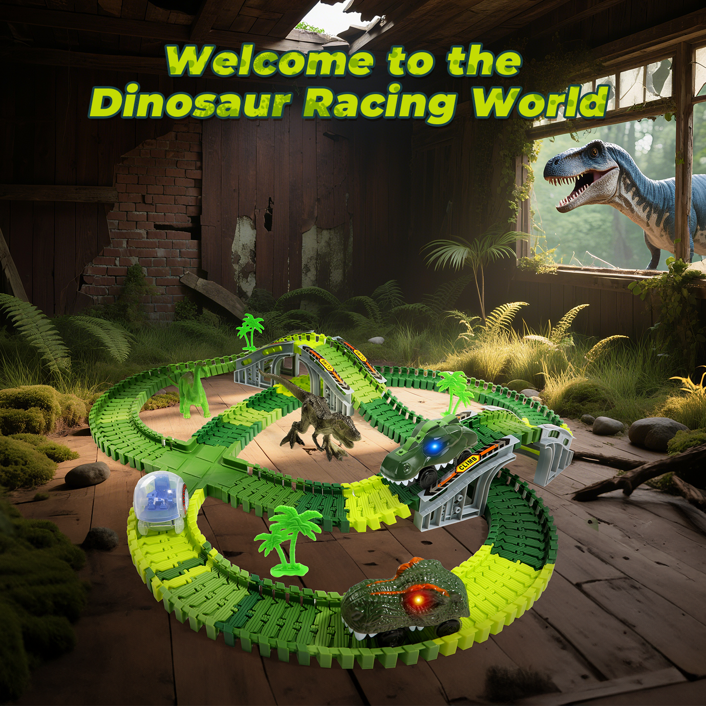 EagleStone Dinosaur Race Track Set for Kids – 233 PCS Flexible Race Tracks,2 Electric Dino Cars with Light, 2 Dino Figures,Christmas Birthday Gift to 3-8 Year Old Boys and Girls