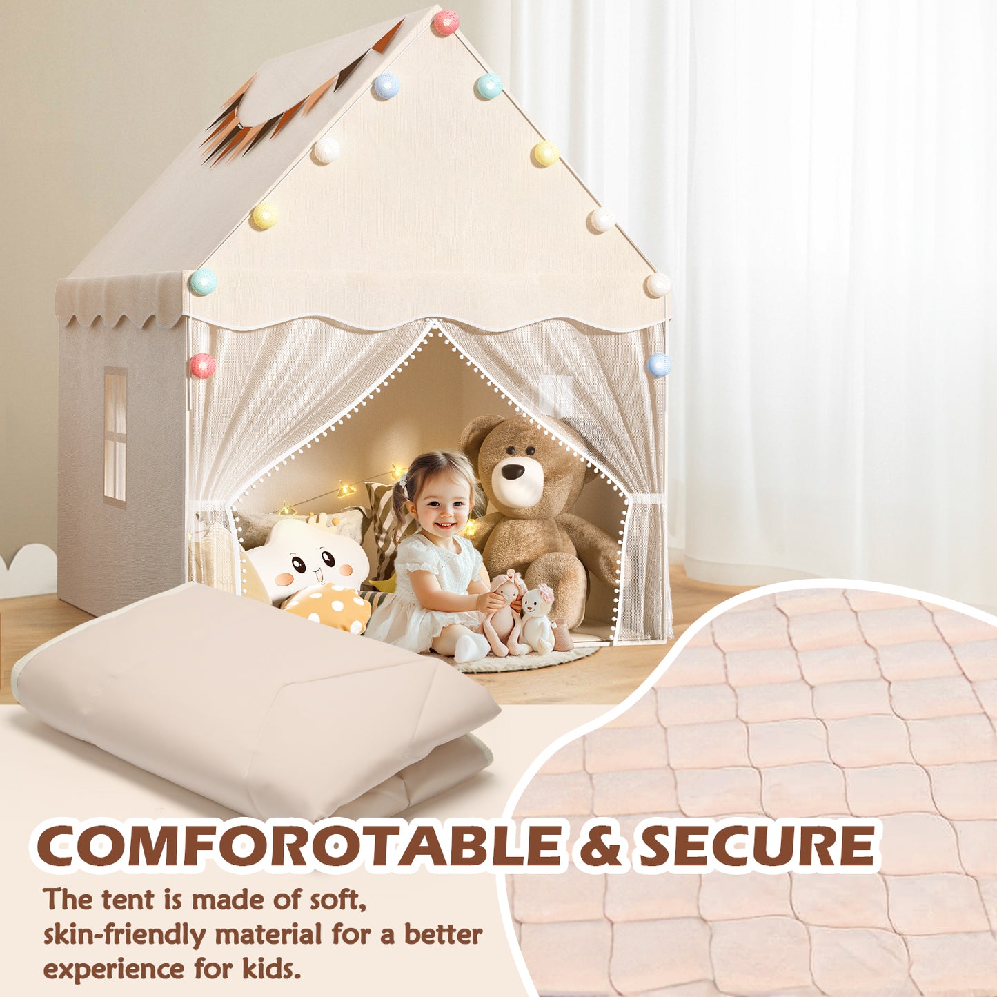 EagleStone Kids Play Tent with Star Light and Padded Mat, Playhouse for Kids, Neutral Color Play Room Furniture, Indoor Bed Tent Gift Toys for Toddle 3,4,5,6-Year-Old Girls,Boys, Girls,