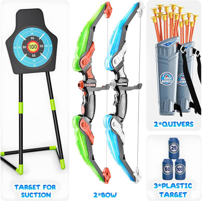 EagleStone 2 Pack Kids Bow and Arrow with LED Light,Archery Set with Standing Target, Bow and Arrow Toys for Kids 4-6 6-8 8-12,Outdoor Games Toys for Boys Girls
