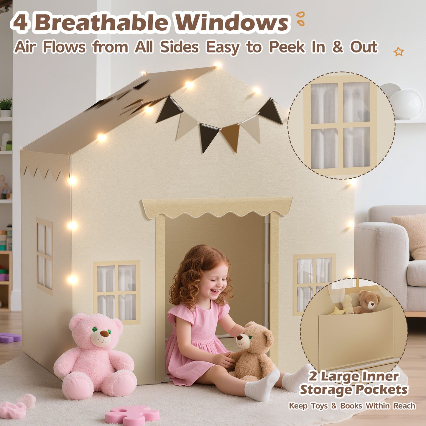 EagleStone 2-in-1 Kids Tent,Large Play Tent with Padded Mat and Lights,Kids Playhouse with 2 Doors & 4 Windows,2 Large Side Pockets,Indoor Outdoor Kid Play Tent for Toddlers,53" x40" x 51