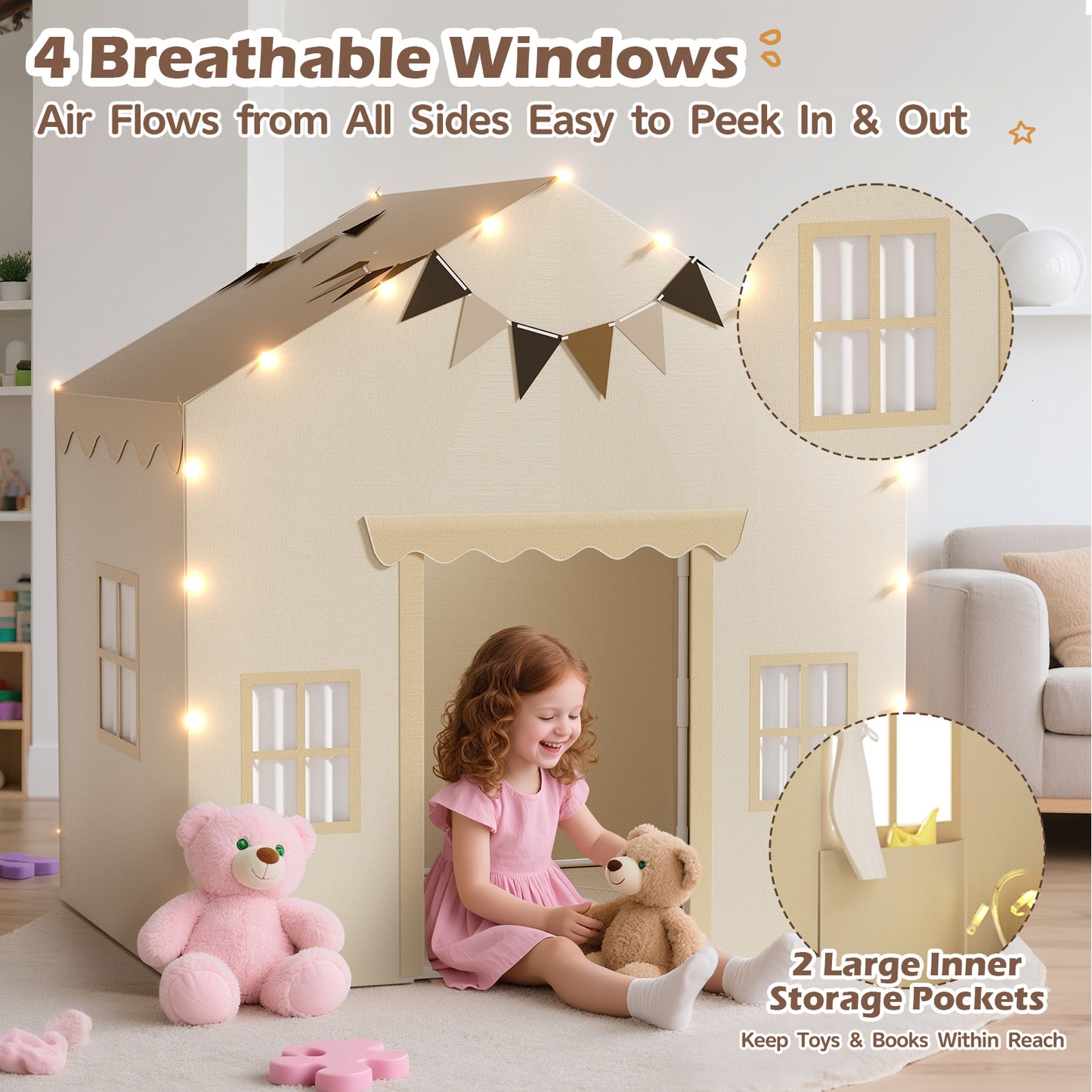 EagleStone 2-in-1 Kids Tent,Large Play Tent with Padded Mat and Lights,Kids Playhouse with 2 Doors & 4 Windows,2 Large Side Pockets,Indoor Outdoor Kid Play Tent for Toddlers,53" x40" x 51