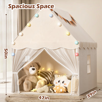 EagleStone Kids Play Tent with Star Light and Padded Mat, Playhouse for Kids, Neutral Color Play Room Furniture, Indoor Bed Tent Gift Toys for Toddle 3,4,5,6-Year-Old Girls,Boys, Girls,