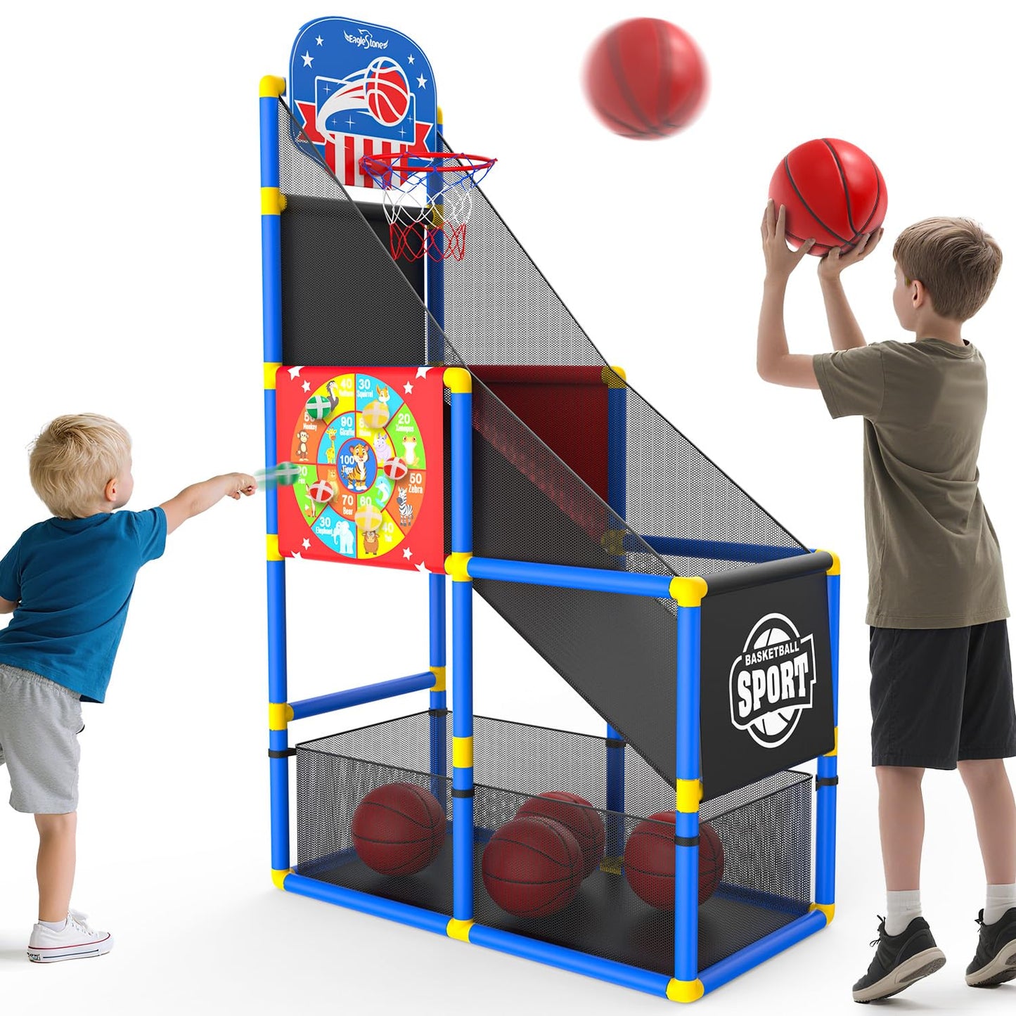 EagleStone 2-in-1 Kids Arcade Basketball Hoop with Dart Board,4 Balls Adjustable Height Basketball Toy Indoor Outdoor Carnival Games Gift for Boys Girls Toddlers Ages 3-12 Years Old,Pump Included