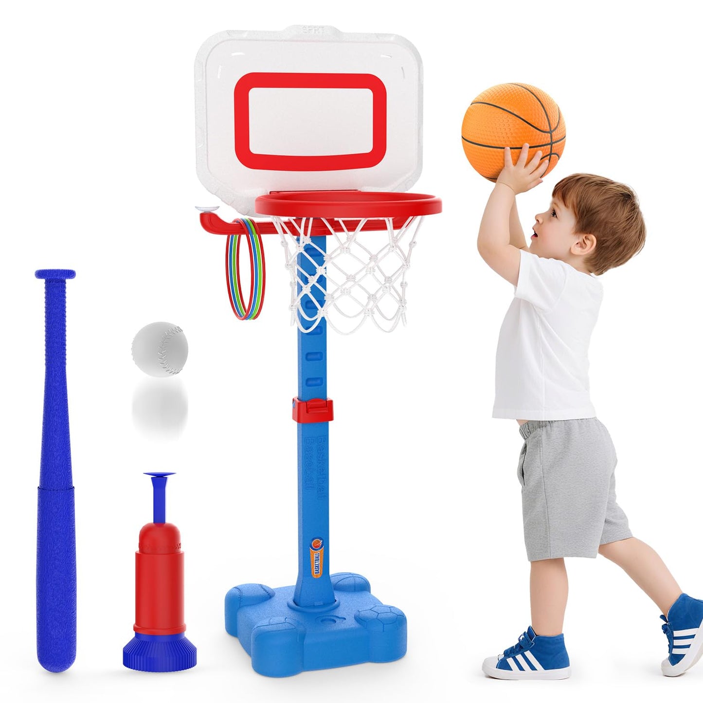 EagleStone 4-in-1 Toddler Basketball Hoop and T Ball Set, Adjustable Height Basketball Hoop,Tee Ball & Ring Toss Toy, Outdoor Indoor Sports Gift for Boys Girls Toddlers Ages 3-8