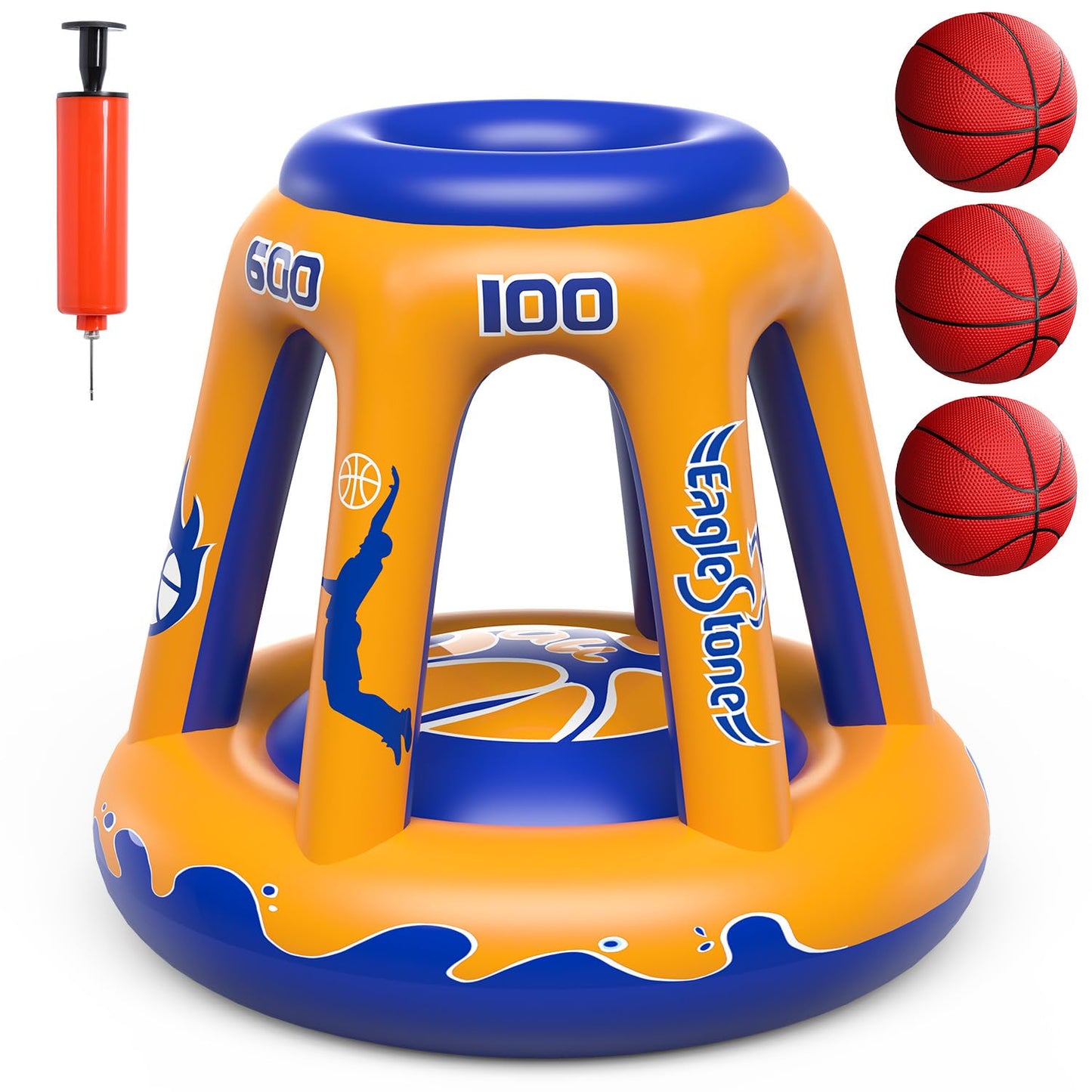 EagleStone Inflatable Floating Basketball Hoop - 47" Pool Toy for Kids Ages 4-8 & 8-12, 3 Basketballs/Pump, Summer Outdoor Water Game, Yellow