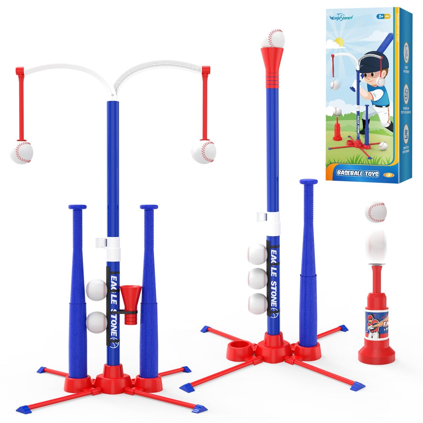 EagleStone 3-in-1 Toddler T Ball Set for Kids 3-5 5-8, 2 Baseball Bats, Adjustable Height Hanging Tee, Tball Batting Stand, Ball Launcher, Outdoor/Indoor Baseball Toys,Backyard Sports Gift