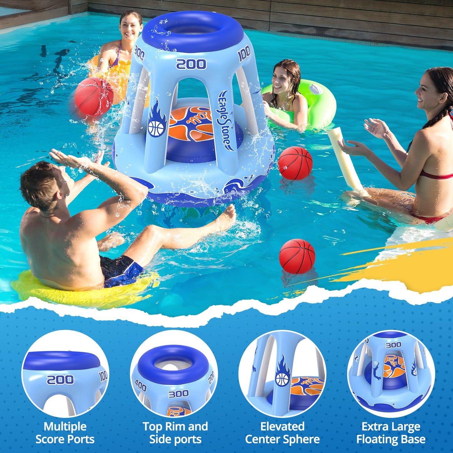 EagleStone Inflatable Pool Basketball Hoop for Kids & Adults, 47" Swimming Floating Basketball Hoop for Pool with 3 Balls, Pump, Summer Outdoor Pool Water Game for Family, Party, Beach & 4th of July