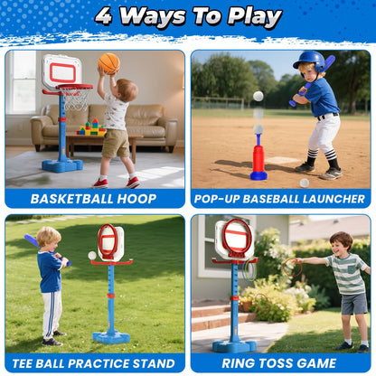 EagleStone 4-in-1 Toddler Basketball Hoop and T Ball Set, Adjustable Height Basketball Hoop,Tee Ball & Ring Toss Toy, Outdoor Indoor Sports Gift for Boys Girls Toddlers Ages 3-8