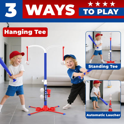 EagleStone 3-in-1 Toddler T Ball Set for Kids 3-5 5-8, 2 Baseball Bats, Adjustable Height Hanging Tee, Tball Batting Stand, Ball Launcher, Outdoor/Indoor Baseball Toys,Backyard Sports Gift