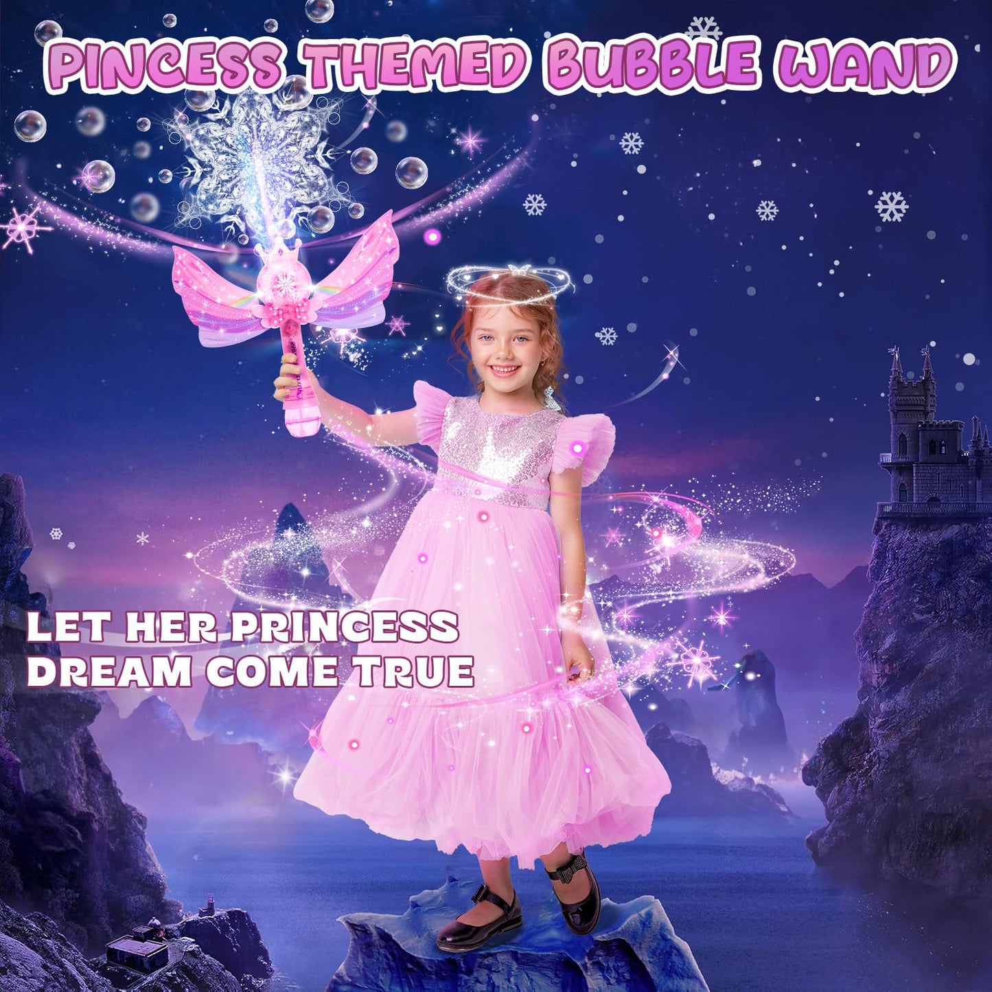 EagleStone Princess Bubble Wands for Kids, Bubble Machine for Toddlers, LED Light & Music Bubble Toys with 1 Li-ion Battery, Outdoor Easter Birthday Toys for Toddlers, 3 4 5 6 7 8 Year Old Girl Gifts