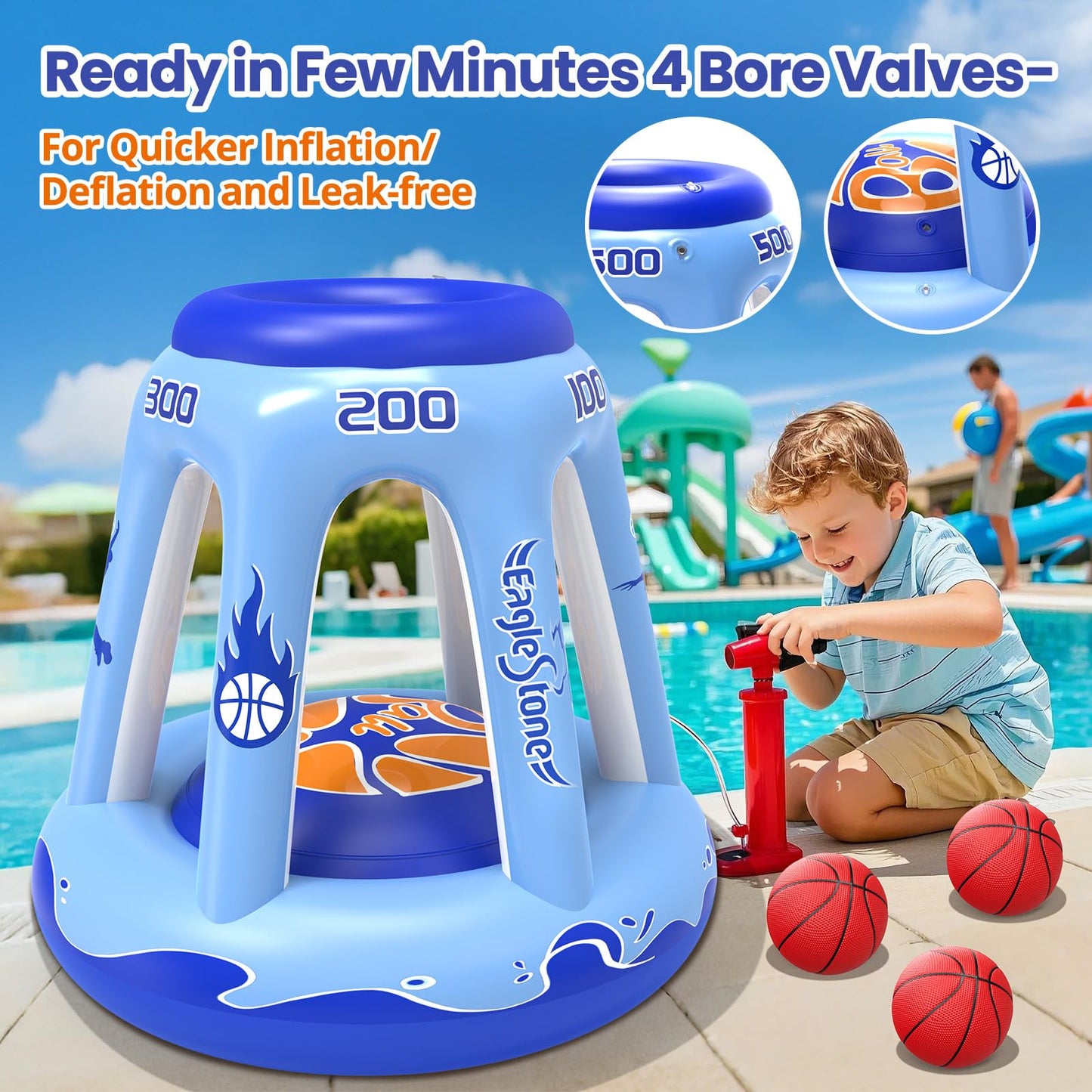 EagleStone Inflatable Pool Basketball Hoop for Kids & Adults, 47" Swimming Floating Basketball Hoop for Pool with 3 Balls, Pump, Summer Outdoor Pool Water Game for Family, Party, Beach & 4th of July