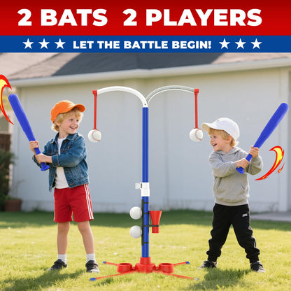 EagleStone 3-in-1 Toddler T Ball Set for Kids 3-5 5-8, 2 Baseball Bats, Adjustable Height Hanging Tee, Tball Batting Stand, Ball Launcher, Outdoor/Indoor Baseball Toys,Backyard Sports Gift
