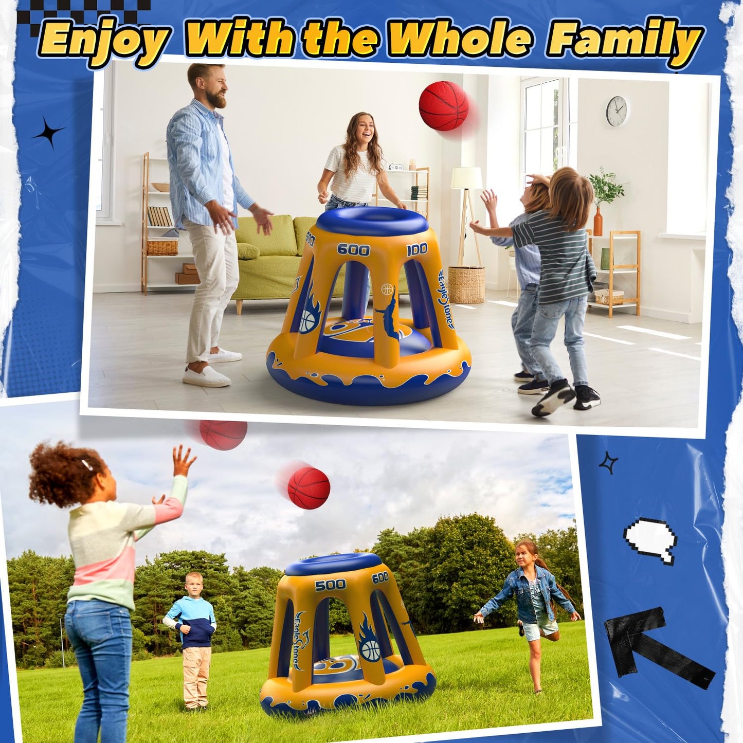 EagleStone Inflatable Floating Basketball Hoop - 47" Pool Toy for Kids Ages 4-8 & 8-12, 3 Basketballs/Pump, Summer Outdoor Water Game, Yellow