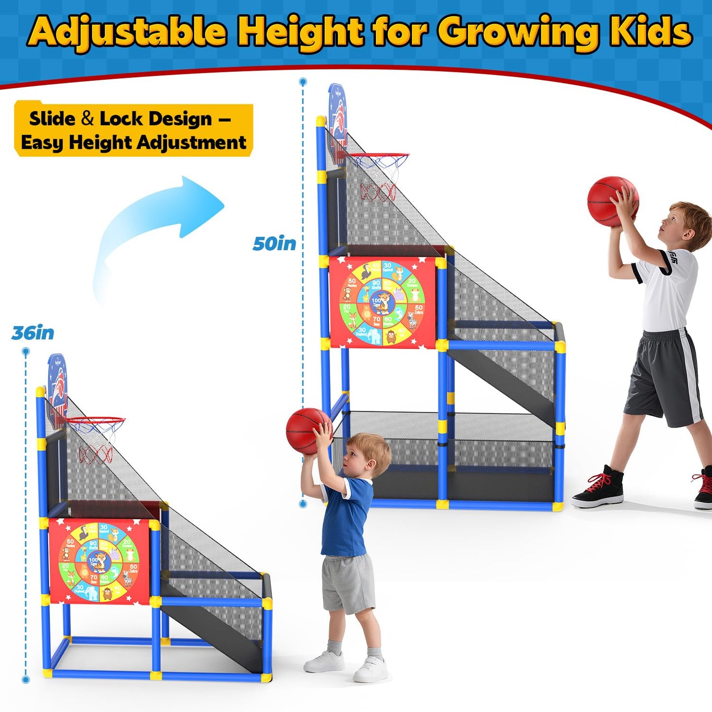 EagleStone 2-in-1 Kids Arcade Basketball Hoop with Dart Board,4 Balls Adjustable Height Basketball Toy Indoor Outdoor Carnival Games Gift for Boys Girls Toddlers Ages 3-12 Years Old,Pump Included