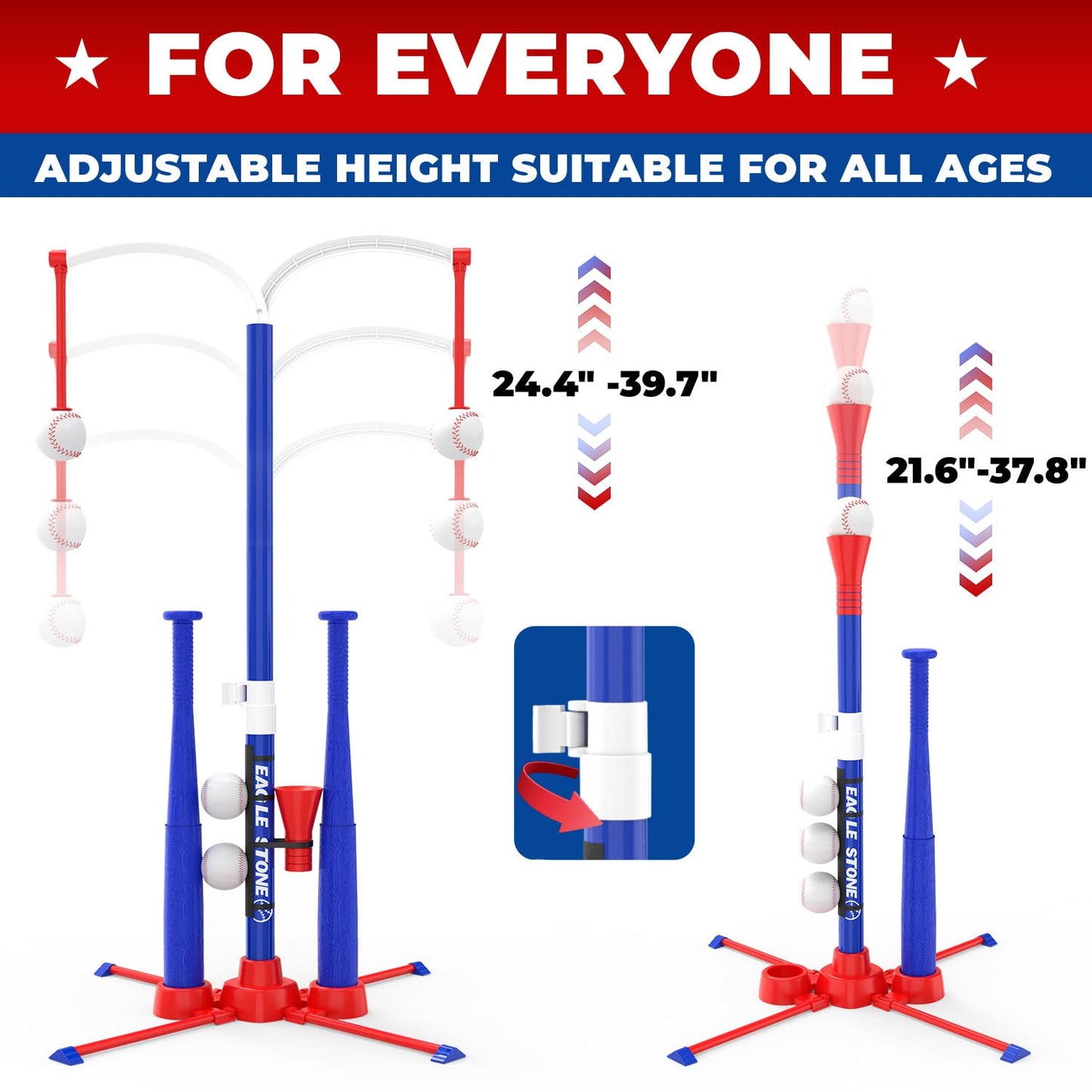 EagleStone 3-in-1 Toddler T Ball Set for Kids 3-5 5-8, 2 Baseball Bats, Adjustable Height Hanging Tee, Tball Batting Stand, Ball Launcher, Outdoor/Indoor Baseball Toys,Backyard Sports Gift