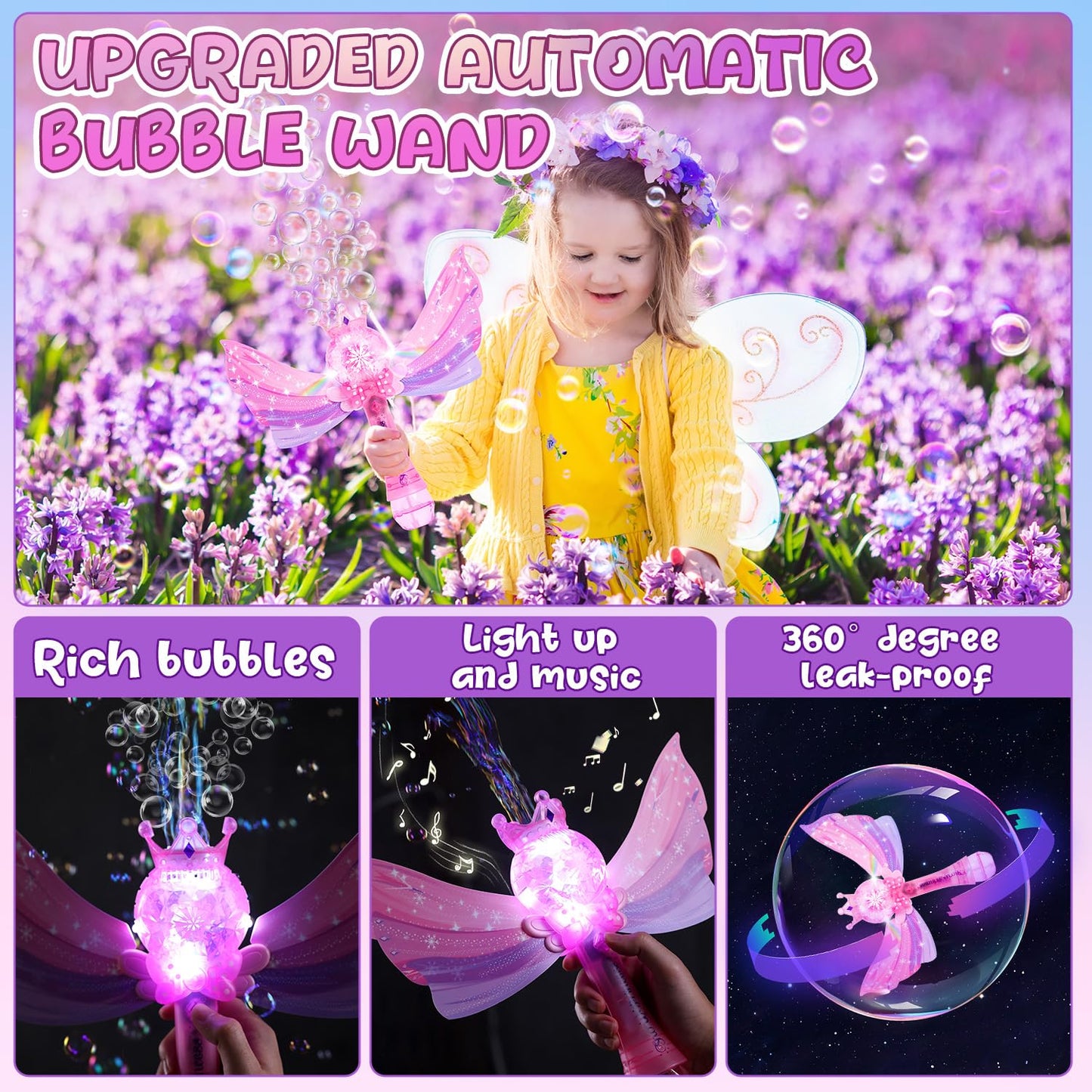 EagleStone Princess Bubble Wands for Kids, Bubble Machine for Toddlers, LED Light & Music Bubble Toys with 1 Li-ion Battery, Outdoor Easter Birthday Toys for Toddlers, 3 4 5 6 7 8 Year Old Girl Gifts