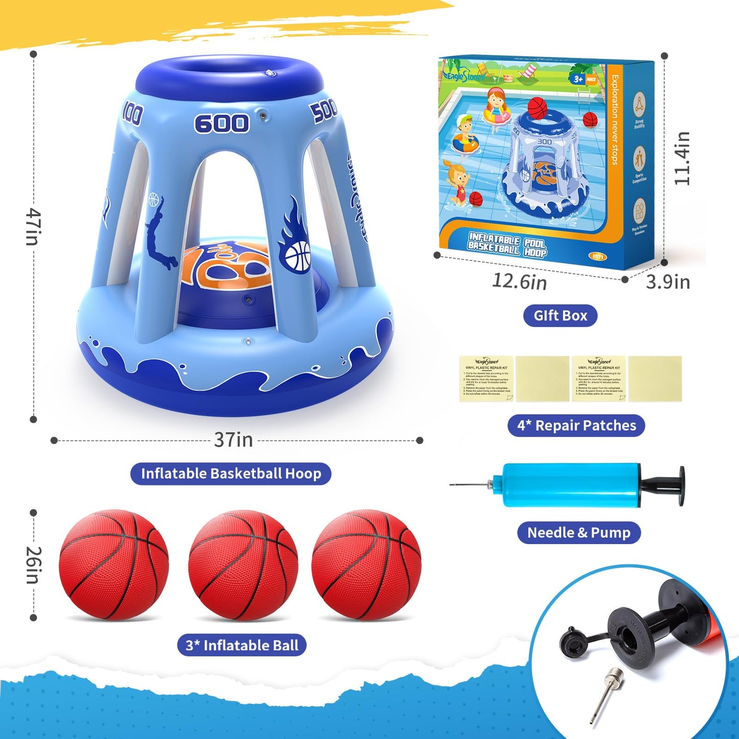 EagleStone Inflatable Pool Basketball Hoop for Kids & Adults, 47" Swimming Floating Basketball Hoop for Pool with 3 Balls, Pump, Summer Outdoor Pool Water Game for Family, Party, Beach & 4th of July