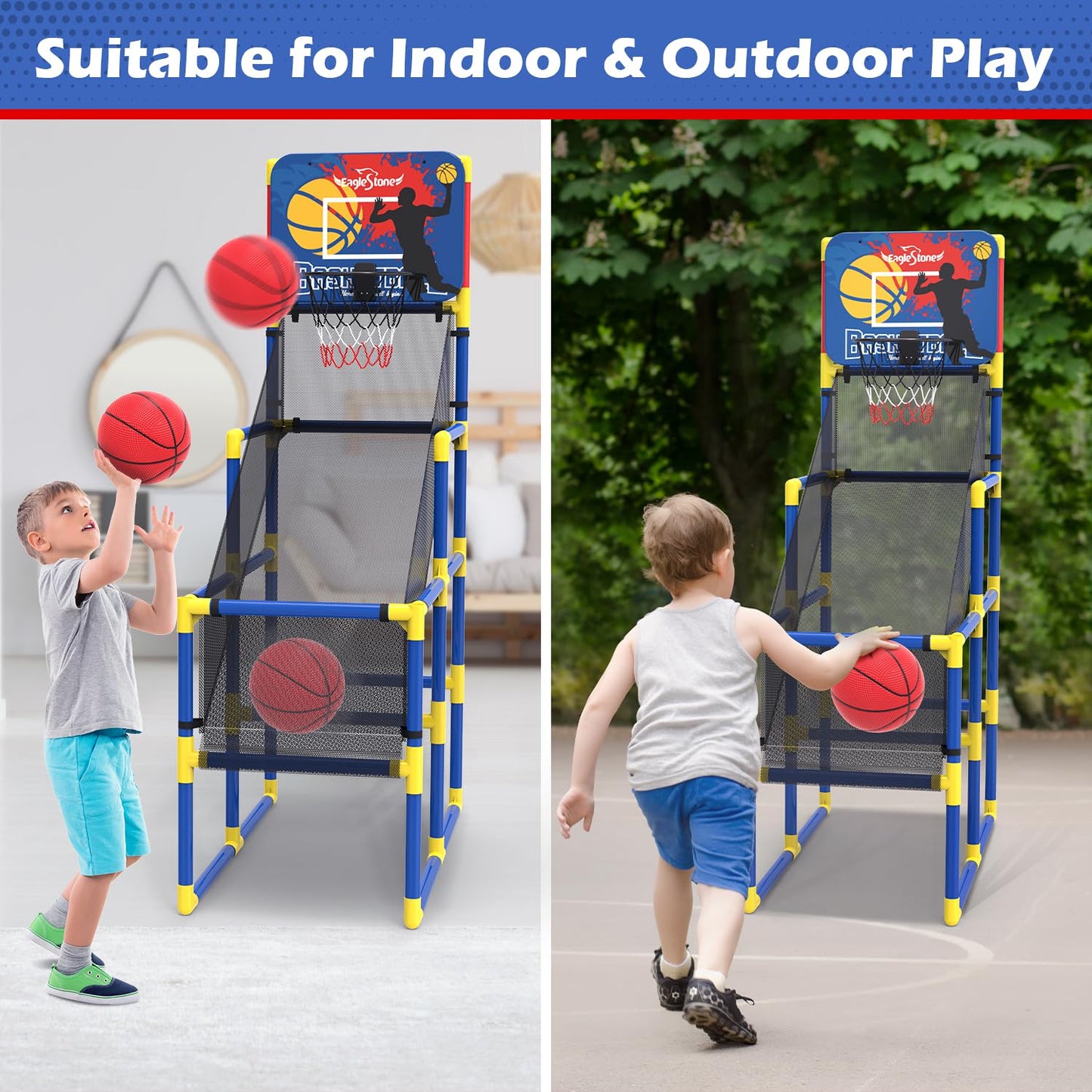 EagleStone Kids Basketball Hoop Arcade Game，4 Balls Indoor and Outodor