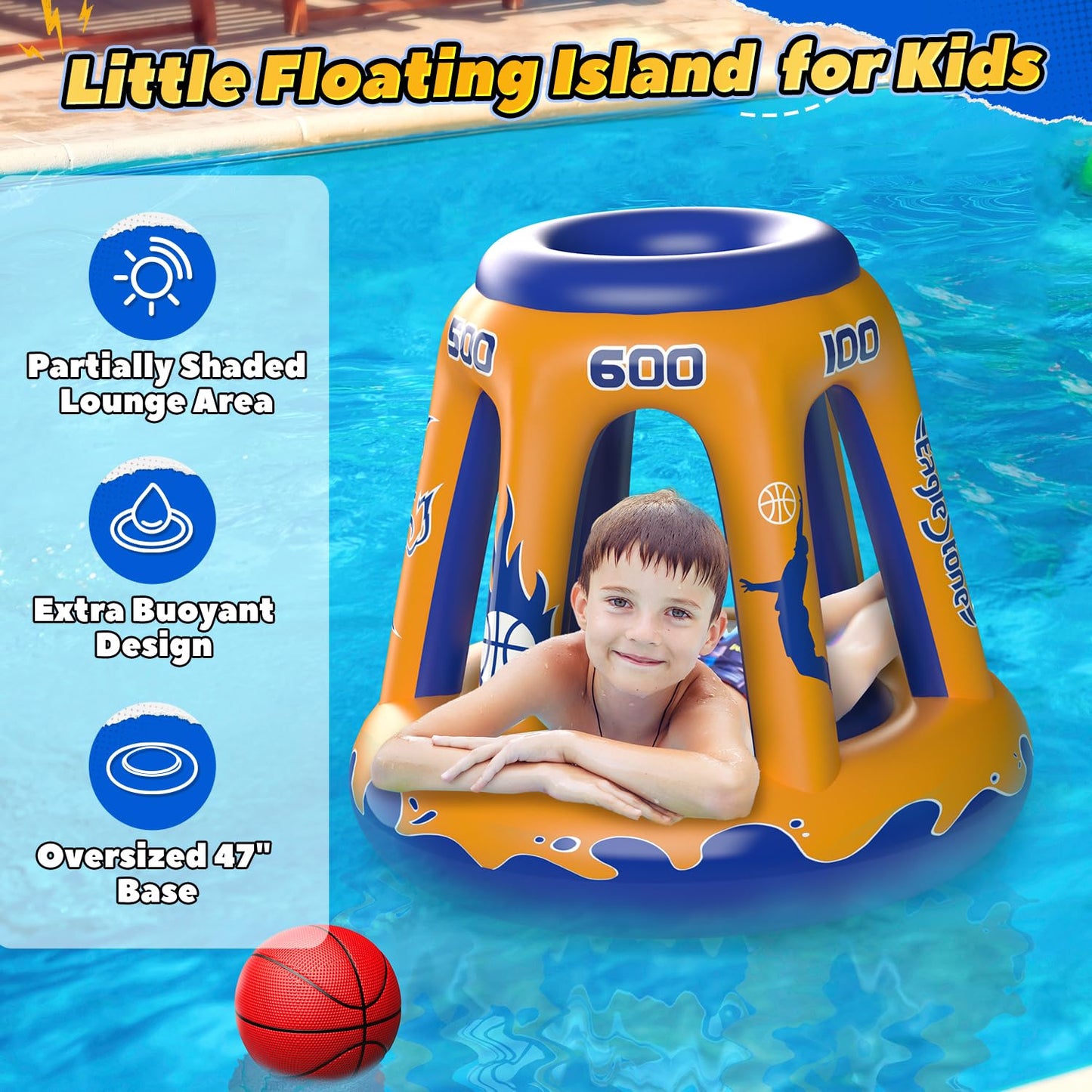 EagleStone Inflatable Floating Basketball Hoop - 47" Pool Toy for Kids Ages 4-8 & 8-12, 3 Basketballs/Pump, Summer Outdoor Water Game, Yellow