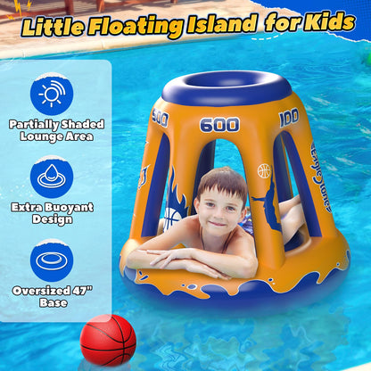 EagleStone Inflatable Floating Basketball Hoop - 47" Pool Toy for Kids Ages 4-8 & 8-12, 3 Basketballs/Pump, Summer Outdoor Water Game, Yellow