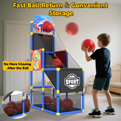 EagleStone 2-in-1 Kids Arcade Basketball Hoop with Dart Board,4 Balls Adjustable Height Basketball Toy Indoor Outdoor Carnival Games Gift for Boys Girls Toddlers Ages 3-12 Years Old,Pump Included
