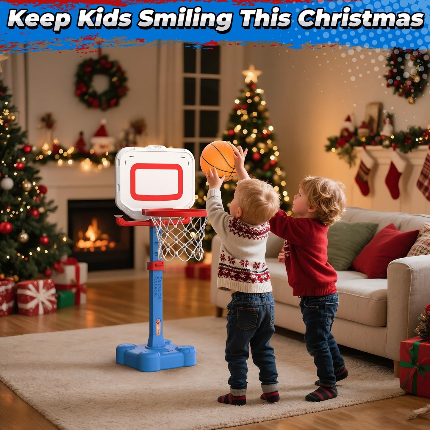 EagleStone 4-in-1 Toddler Basketball Hoop and T Ball Set, Adjustable Height Basketball Hoop,Tee Ball & Ring Toss Toy, Outdoor Indoor Sports Gift for Boys Girls Toddlers Ages 3-8