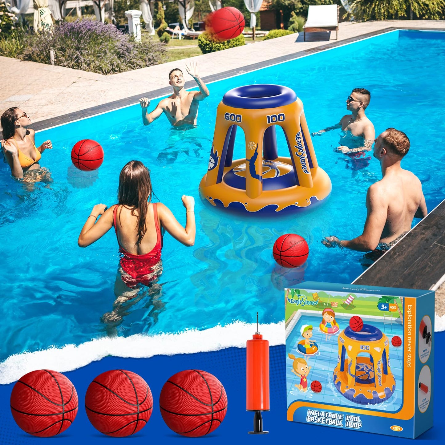 EagleStone Inflatable Floating Basketball Hoop - 47" Pool Toy for Kids Ages 4-8 & 8-12, 3 Basketballs/Pump, Summer Outdoor Water Game, Yellow