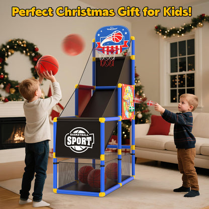 EagleStone 2-in-1 Kids Arcade Basketball Hoop with Dart Board,4 Balls Adjustable Height Basketball Toy Indoor Outdoor Carnival Games Gift for Boys Girls Toddlers Ages 3-12 Years Old,Pump Included