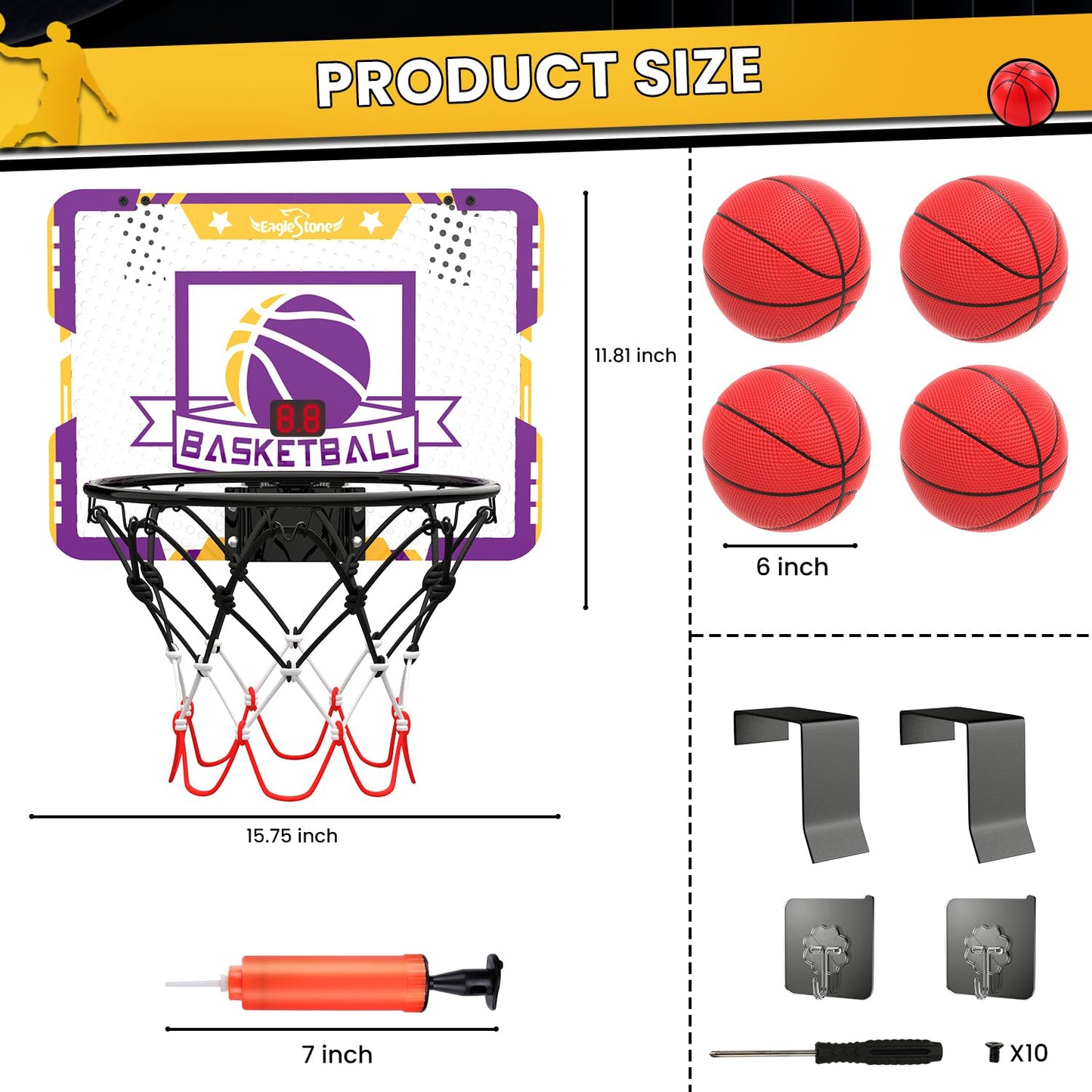EagleStone Indoor Mini Basketball Hoop Set for Kids with Electronic Score Record