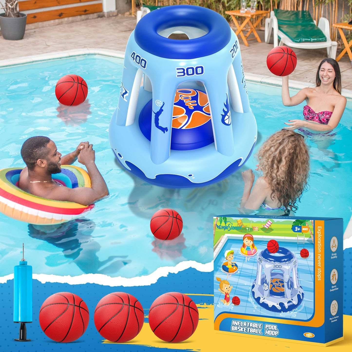 EagleStone Inflatable Pool Basketball Hoop for Kids & Adults, 47" Swimming Floating Basketball Hoop for Pool with 3 Balls, Pump, Summer Outdoor Pool Water Game for Family, Party, Beach & 4th of July