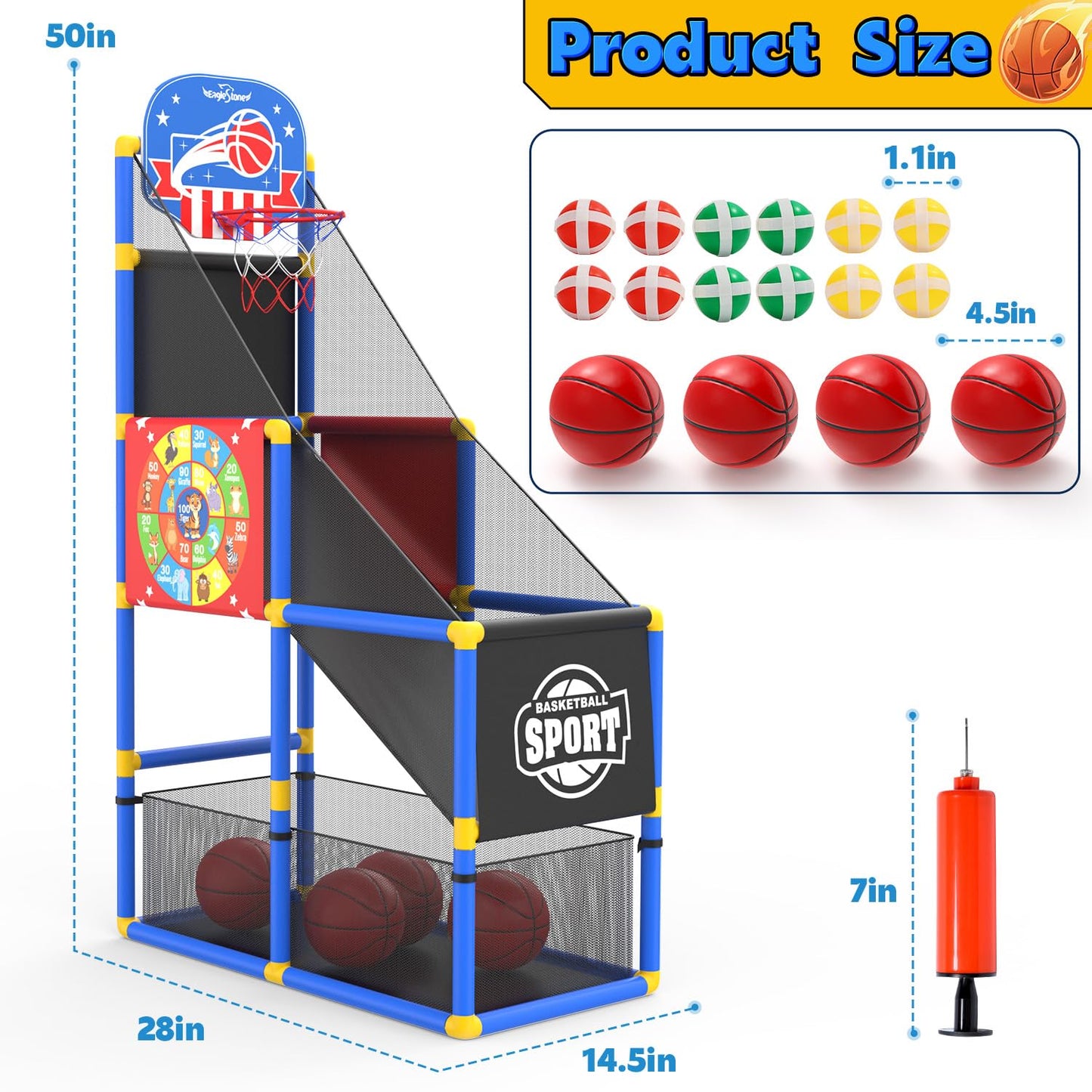 EagleStone 2-in-1 Kids Arcade Basketball Hoop with Dart Board,4 Balls Adjustable Height Basketball Toy Indoor Outdoor Carnival Games Gift for Boys Girls Toddlers Ages 3-12 Years Old,Pump Included