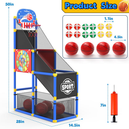 EagleStone 2-in-1 Kids Arcade Basketball Hoop with Dart Board,4 Balls Adjustable Height Basketball Toy Indoor Outdoor Carnival Games Gift for Boys Girls Toddlers Ages 3-12 Years Old,Pump Included